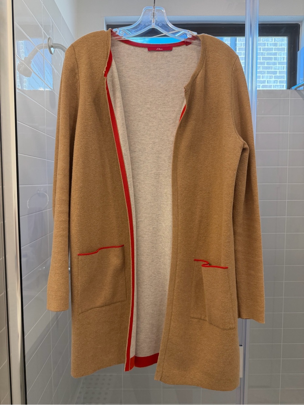 Women’s Open-Front Camel Cardigan with Red Trim s oliver